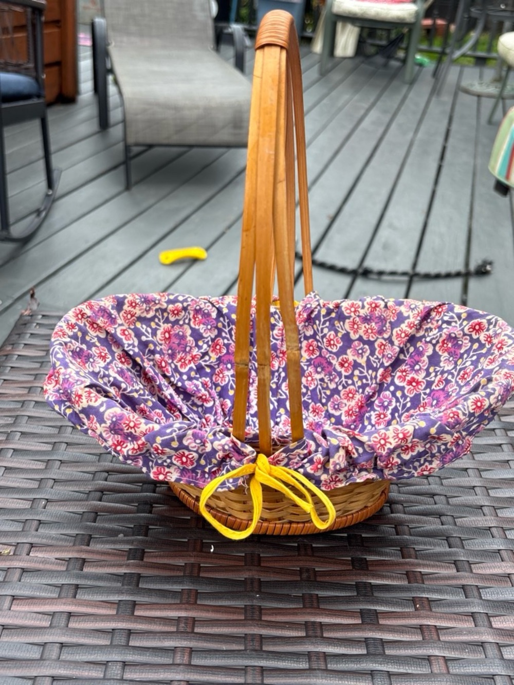 Floral-Lined Woven Market Basket with Wooden Handle - Purple